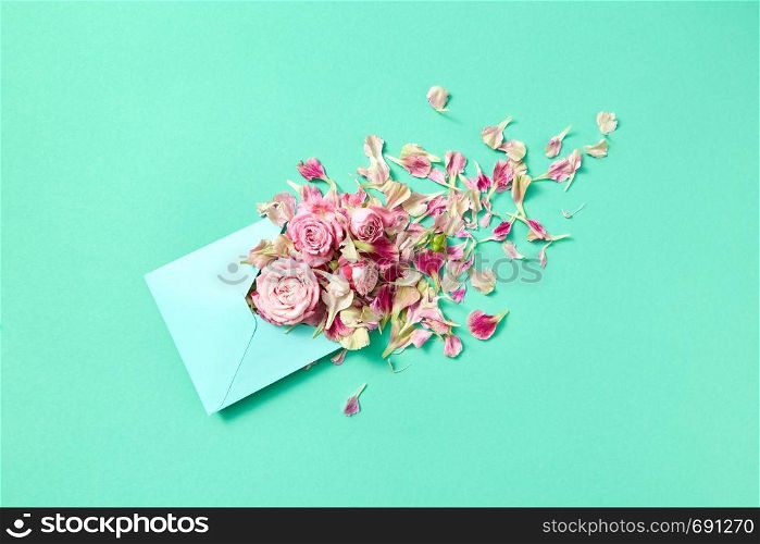Congratulation card with handcraft envelope with fresh roses and petals on a turquoise background, copy space. Top view.. Fresh pink roses in handmade envelope on a turquoise background.