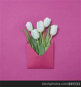 Congratulation post card of handcraft envelope of white tulips on a purple background with place for text. Flat lay.. White tulips in an envelope on a purple background.