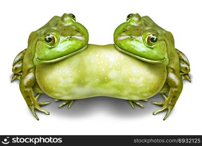 Conjoined twins or siamese twin symbol as two frogs fused and joined together as a mutation in nature or due to environmental pollution defect in a 3D illustration style.