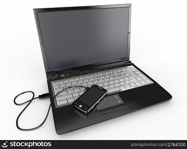 Connect. Laptop and cell phone concept on white background. 3d