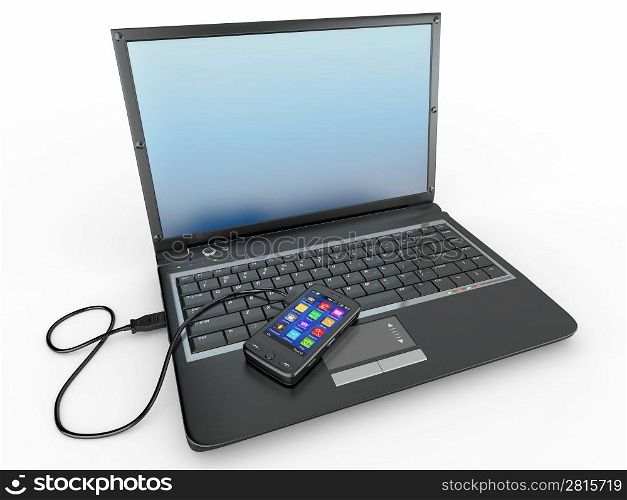Connect. Laptop and cell phone concept on white background. 3d