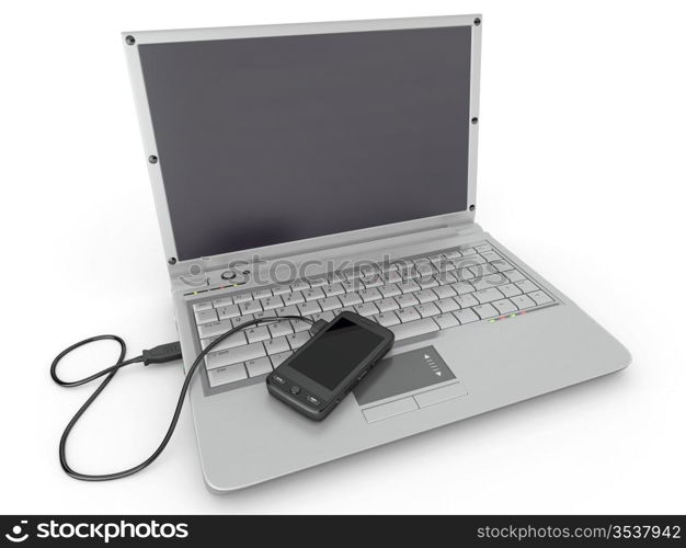 Connect. Laptop and cell phone concept on white background. 3d