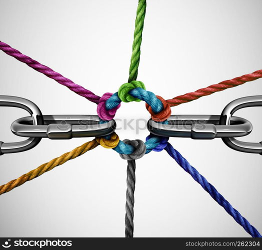 Connect partnership concept as diverse ropes connected together linking a broken metal chain as a business or life metaphor for community support or social togetherness with 3D illustration elements.