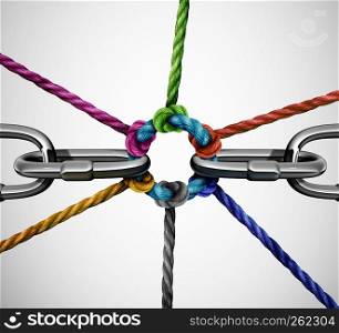 Connect partnership concept as diverse ropes connected together linking a broken metal chain as a business or life metaphor for community support or social togetherness with 3D illustration elements.