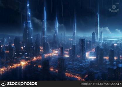 Connected city towers. Data futuristic. Generate Ai. Connected city towers. Generate Ai