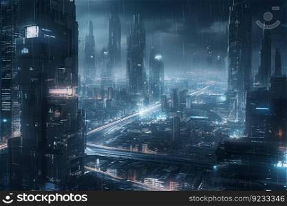 Connected city towers light. Internet office. Generate Ai. Connected city towers light. Generate Ai