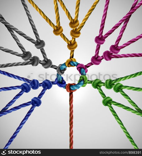 Connected to network groups as an individual connecting to diverse teams coming together to a central point as an abstract communication concept with linked ropes of different colors as a metaphor for social connection.