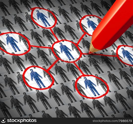 Connection business human resource concept as an infographic drawing of a group of generic business people symbols with some that are highlighted with a red pencil as a metaphor for building social links.