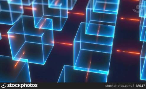 Connection structure of many neon cubes. Computer generated abstract isometric background, 3d rendering Connection structure of many neon cubes. Computer generated abstract isometric background, 3d rendering. Connection structure of neon cubes