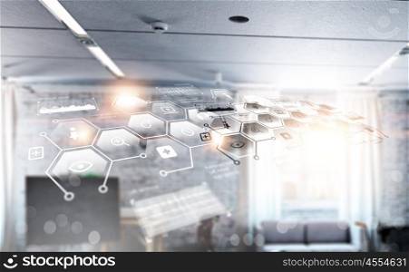 Connection technologies for business. World connection and social networking interaction concept in office interior 3D rendering