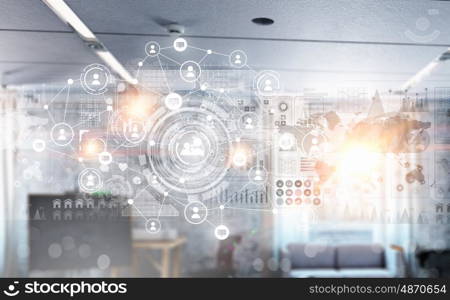 Connection technologies for business. World connection and social networking interaction concept in office interior 3D rendering