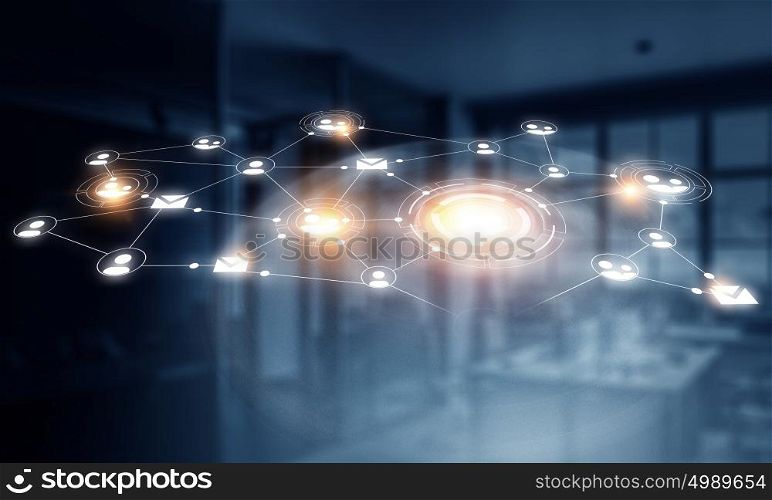 Connection technologies for business. World connection and social networking interaction concept in office interior 3D rendering