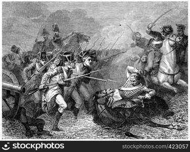 Conscripts of 1813 Combat Weissenfels, vintage engraved illustration. History of France ? 1885.