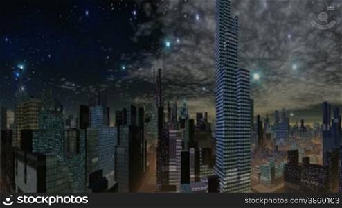 Consisting of a fantastic city skyline night lights flickering. In the night starry sky quickly flies glowing object (UFO). Slowly floating clouds.