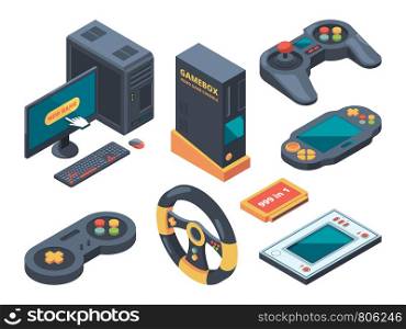 Console and computer systems and gadgets for gamers. Computer and gadget controller, console play, control game device. Vector illustration. Console and computer systems and gadgets for gamers