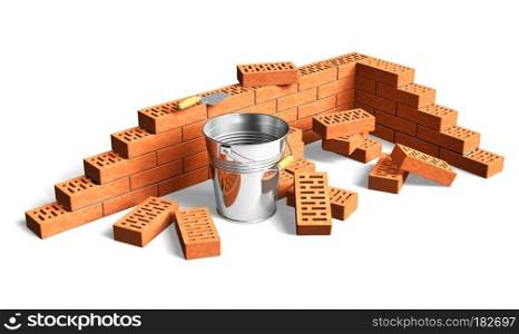 Construction and building industry concept: fragment of red brick wall, heap of bricks, trowel and metal bucket isolated on white background