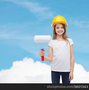 construction and people concept - smiling little girl in protective helmet with paint roller