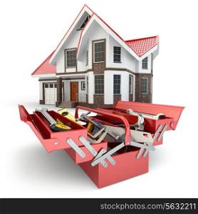Construction and repair concept. Toolbox with tools and house, 3d