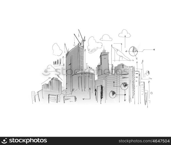 Construction business. Background image with model sketch of modern city