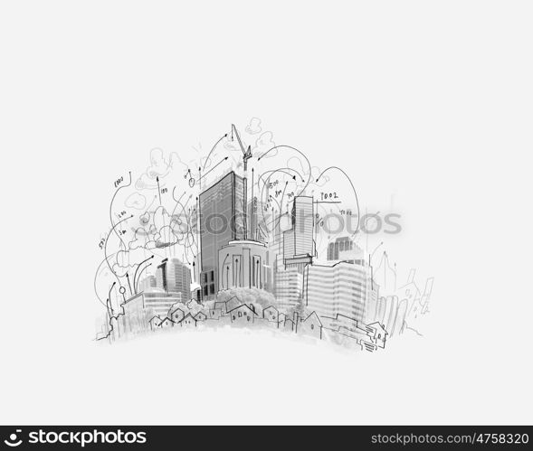 Construction business. Background image with model sketch of modern city