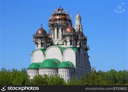 Construction Cathedral with domes of the Orthodox Church. Barnaul, Russia