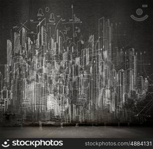 Construction concept. Background image with construction chalk sketch on wall