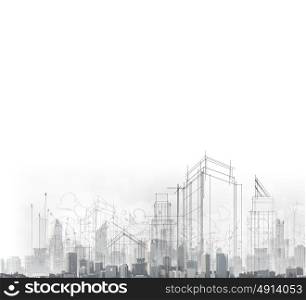 Construction concept. Background image with drawings of modern city