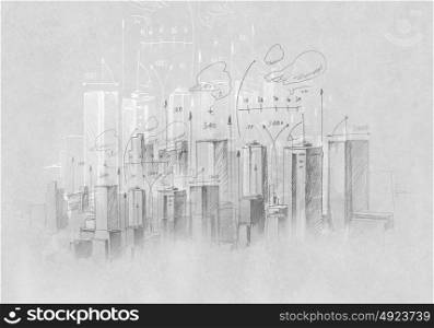 Construction concept. Background sketch image of construction project drawn with pencil