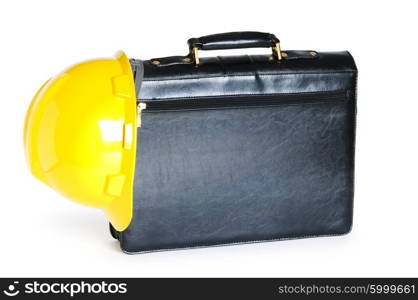 Construction concept - case and hard hat isolated on white