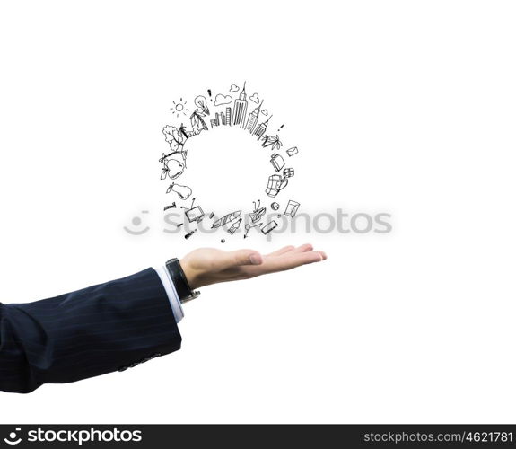 Construction concept. Close up of businessman hand holding sketches of buildings