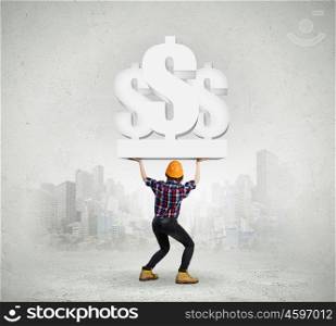 Construction concept. Image of young woman holding dollar symbols