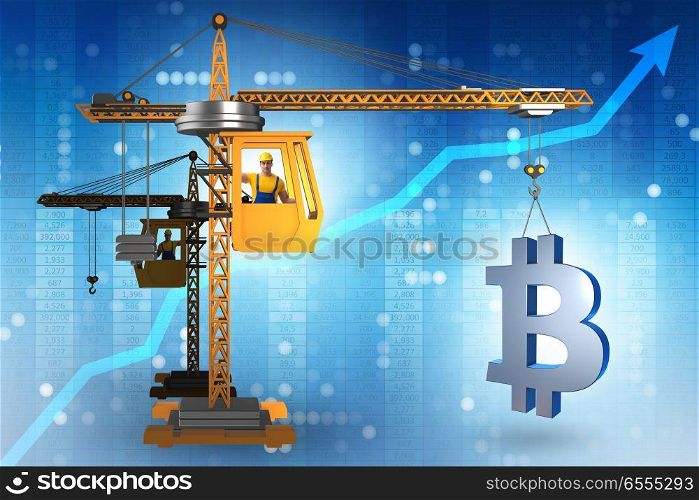 Construction crane lifting bitcoin in cryptocurrency concept