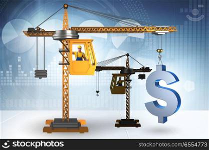 Construction crane lifting dollar in currency business concept