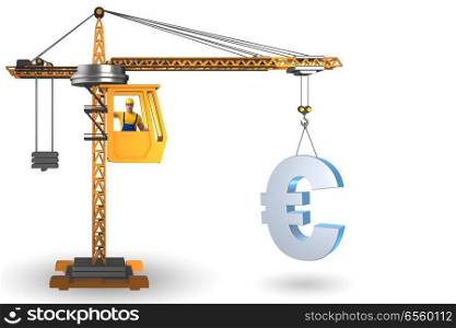 Construction crane lifting euro in currency business concept