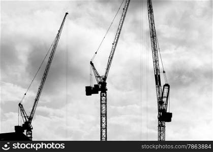 Construction Cranes and Buildings Silhouetted against sky