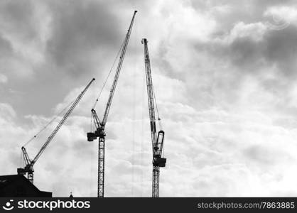 Construction Cranes and Buildings Silhouetted against sky in Black and White