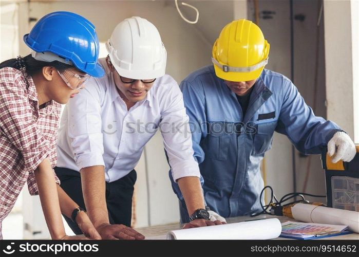 Construction engineer teamwork Safety Suit Trust Team Holding White Yellow Safety hard hat Security Equipment on Construction Site. Hardhat Protect Head for Civil Construction Engineer Concept