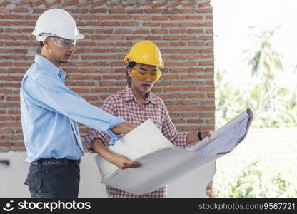 Construction engineer teamwork Safety Suit Trust Team Holding White Yellow Safety hard hat Security Equipment on Construction Site. Hardhat Protect Head for Civil Construction Engineer Concept