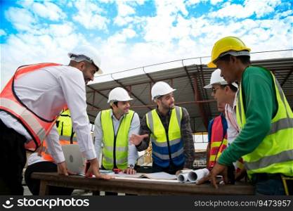 Construction engineers, architects, and foremen form a group. Participate in a meeting to plan new construction projects.