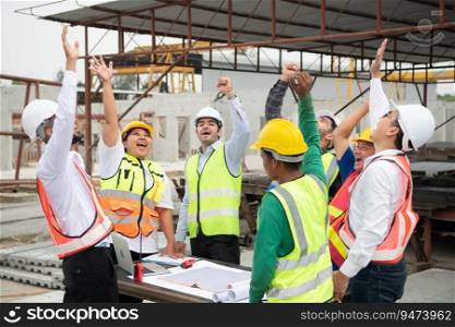 Construction engineers, architects, and foremen form a group. Participate in a meeting to plan new construction projects. Cheers to express happiness that the event was successfully accomplished.