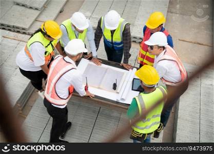 Construction engineers, architects, and foremen form a group. Participate in a meeting to plan new construction projects.