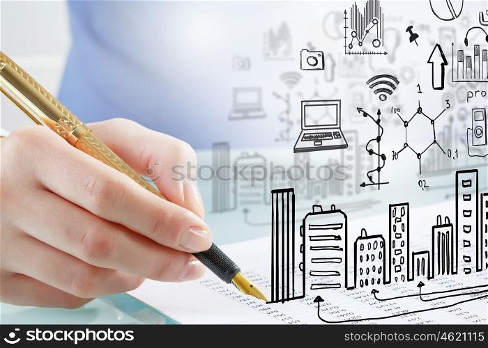 Construction expertise concept. Close view of woman examining with magnifying glass architectural project