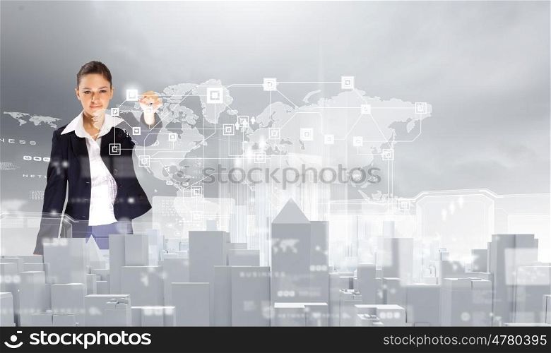 Construction industry. Young pretty businesswoman touching icon of media screen