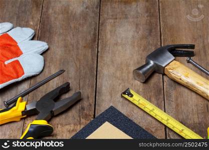 Construction instruments on wooden table