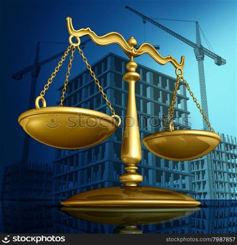 Construction law concept as a justice scale over a working building site with cranes and a structure being built as a concept for architecture permits and real estate regulations.