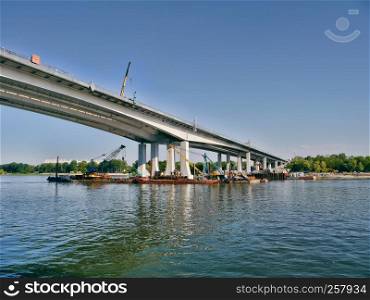 Construction of a bridge over the Don River. Rostov on Don citu, Russia. Summer 2017