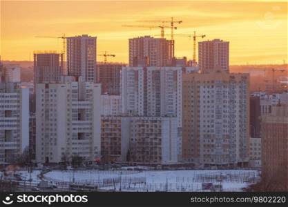 construction of a house in a new district of Minsk. Belarus