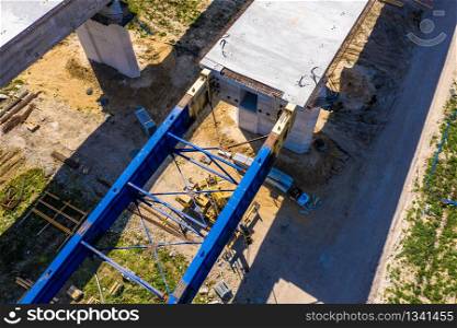Construction of a new highway. Aerial view. Viaduct in progress