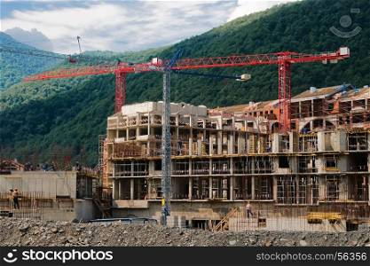 Construction of reinforced concrete building in the Caucasus Mountains