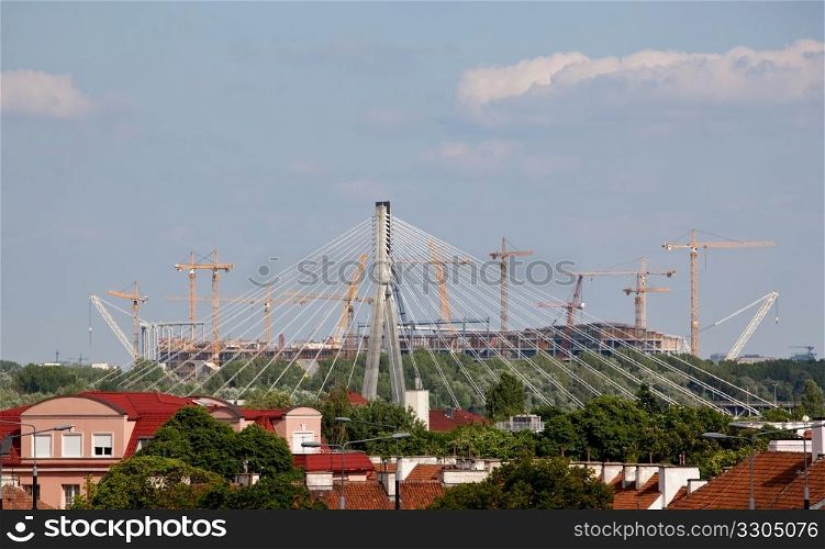 Construction of soccer stadium in Warsaw Poland behind the Syrena bridge